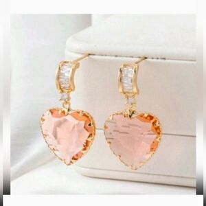 Gold and Pink Cubic Zirconia Heart Earrings